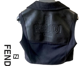 fendi jeans black boxy pleather logo back panel zipper vest size S-M