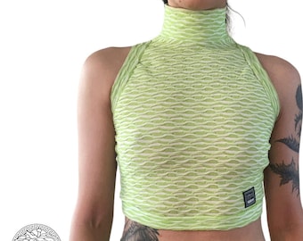 vintage gianni versace jeans couture medusa white neon lime green stripe mock turtleneck zip crop top size XS