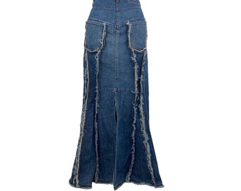 marithe françois girbaud S/S2002 distressed back denim maxi skirt