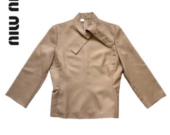 miu miu F/W2000 beige camel tan bow neck tie blouse size M