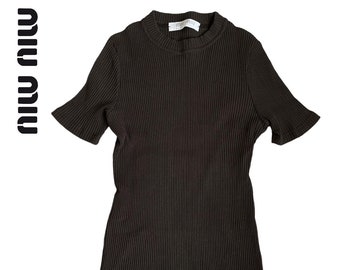 miu miu 90s y2k short sleeve ribbed dark brown sweater top