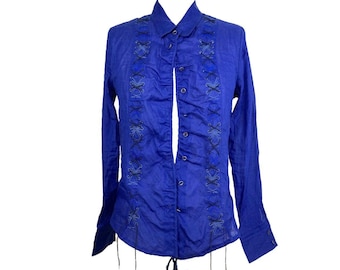 marithe françois girbaud y2k cobalt blue button up peasant blouse