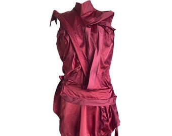 issey miyake F/W2008 runway burgundy satin ribbon tie dress