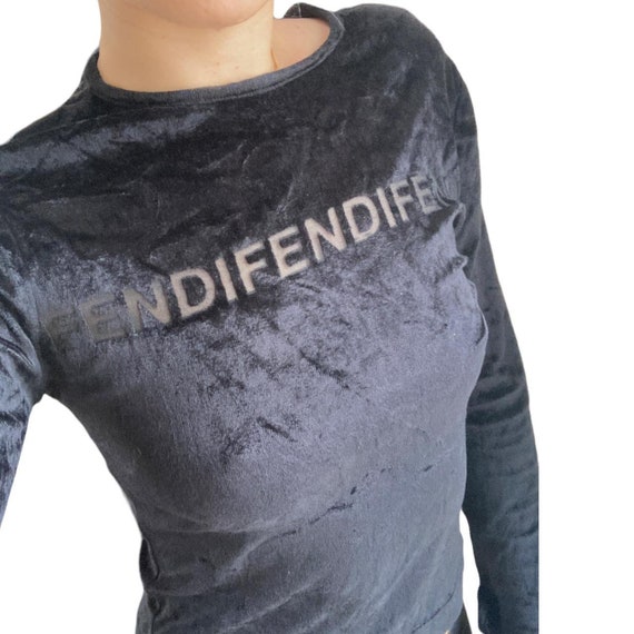 fendi 90s y2k mesh logo black velvet / velour long sleeve top