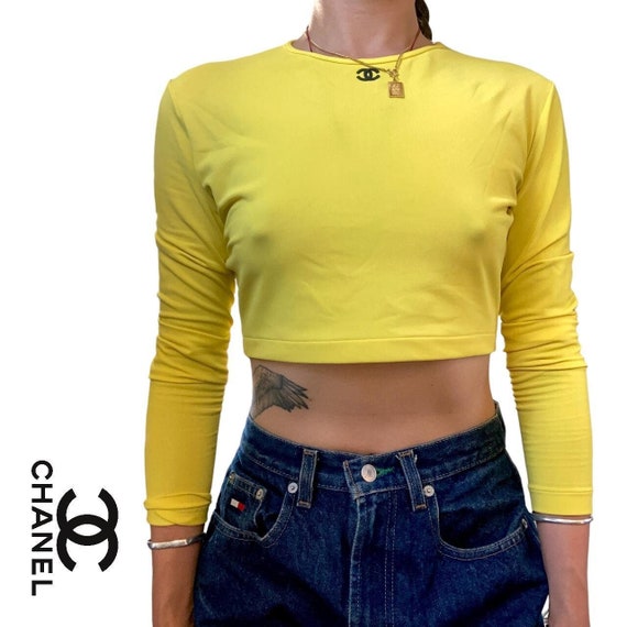 Vintage Chanel Sporty Y2k '95 Neon Yellow Logo Crop Top XS 