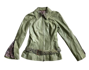 lime green rindi y2k leather moto biker jacket with snake skin details