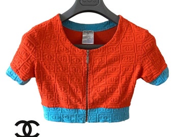 chanel S/S 2002 karl lagerfeld terry cloth orange teal logo zipper crop top size S