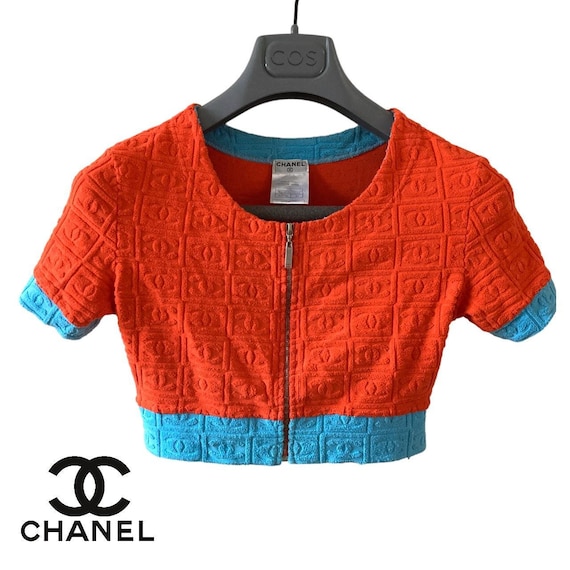 Chanel S/S 2002 Karl Lagerfeld Terry Cloth Orange Teal Logo Zipper