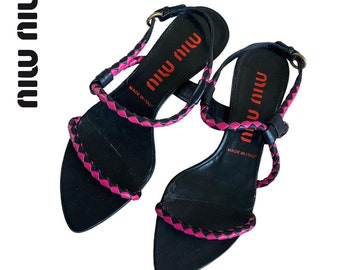 miu miu 90s y2k black & pink rope kitten heel sandals size 35/36