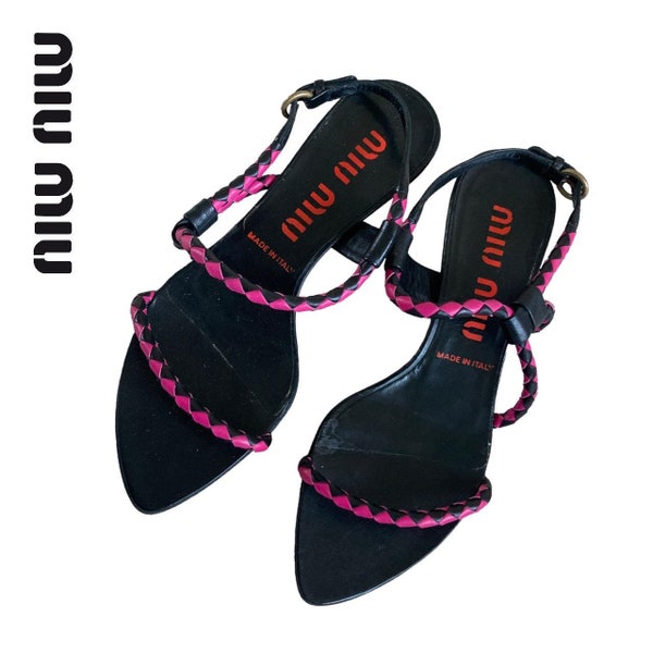 miu miu 90s y2k black & pink rope kitten heel sandals size 35/36