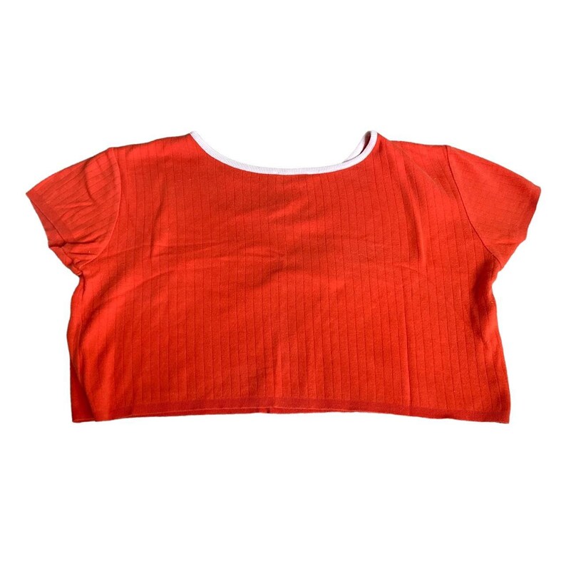 May include: A red ribbed crop top with a white trim around the neckline. The top has short sleeves.