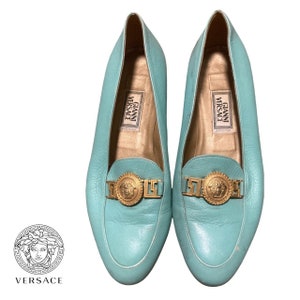 gianni versace medusa medallion teal aquamarine penny loafers preppy slip on flats size 37