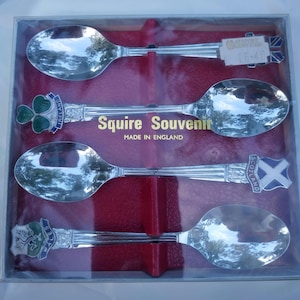 Vintage Squire Souvenir Teaspoons: Enameled UK Crests, Boxed Set