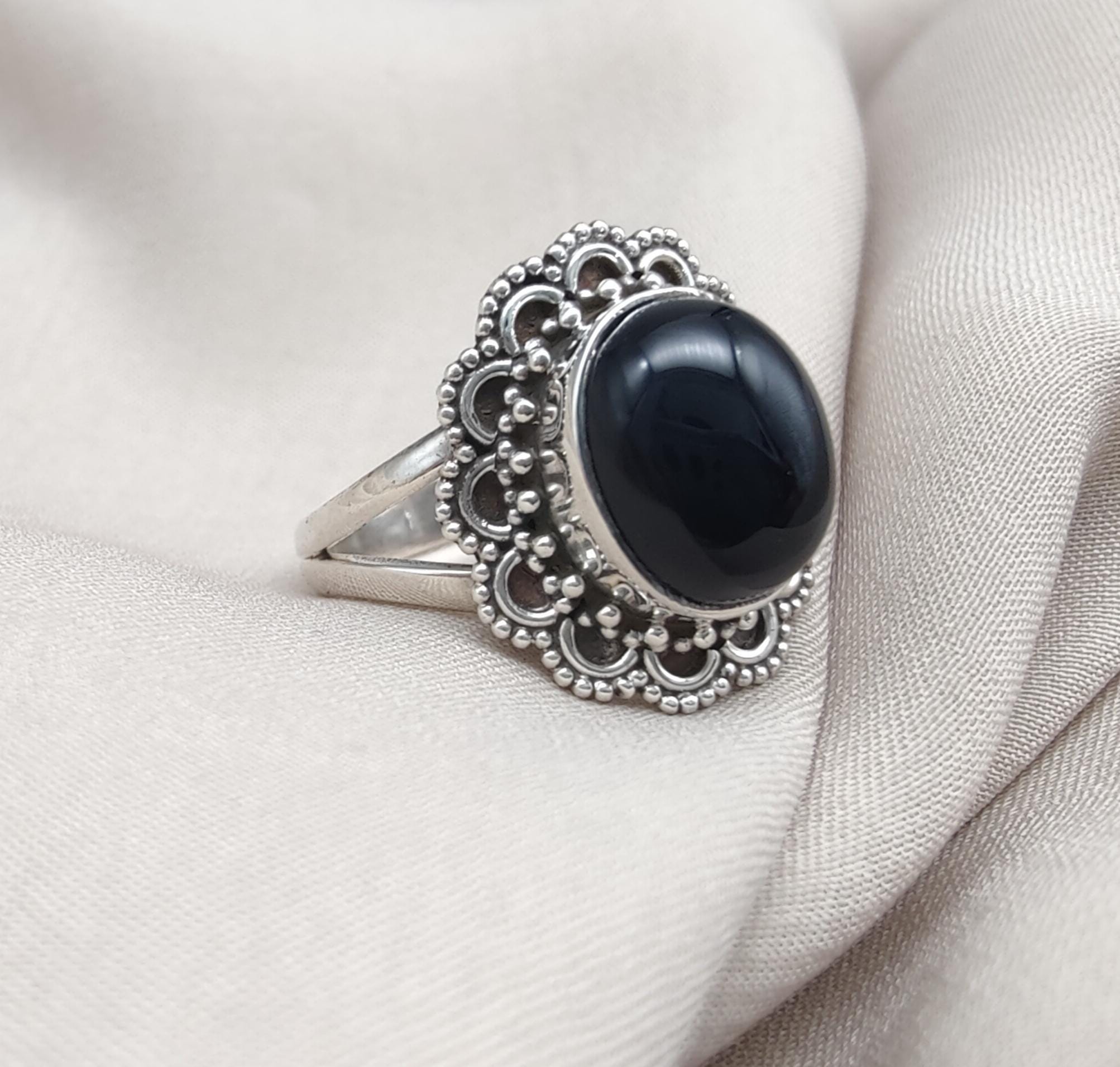 Black Onyx 925 Sterling Silver Ring: Vintage Boho Protection