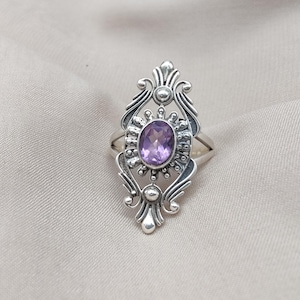 Amethyst 925 Sterling Silver Ring | Vintage Statement Ring | Handmade Purple Gemstone Jewelry | Antique Boho Gift for Her