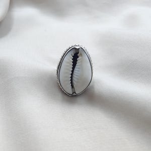 Könnte beinhalten: Ein Ring mit einer weißen Kaurimuschel, die in eine silberfarbene Metallfassung eingesetzt ist. Die Muschel hat eine glatte, ovale Form mit einem dunkelbraunen Schlitz in der Mitte und einer gerippten Textur entlang der Öffnung.