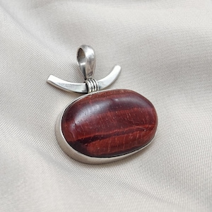 Red Tiger Eye Pendant | 925 Sterling Silver Oval Necklace | Handmade Root Chakra Jewelry | Protection & Motivation Crystal