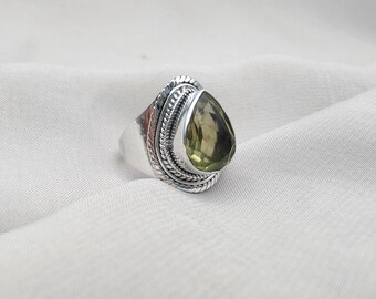 Anillo de cuarzo limón, anillo de plata de ley 925, joyería bohemia hecha a mano con piedras preciosas.