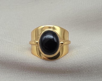 Anillo de plata de ley 925 con ónix negro: Anillo llamativo de banda ancha. Joyería con piedra natal.