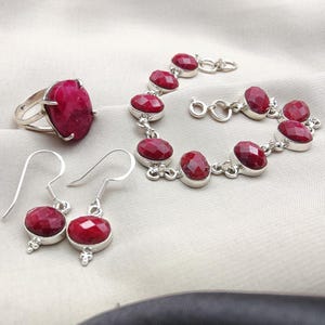 Ruby Jewelry Set: Sterling Silver Bracelet, Ring & Earrings - July Birthstone