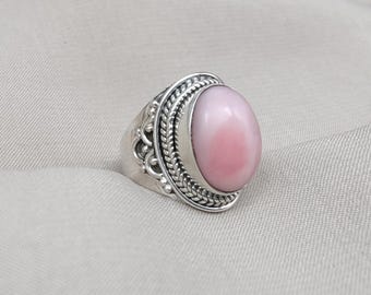 Pink Opal Ring: 925 Sterling Silver, Vintage Boho Style