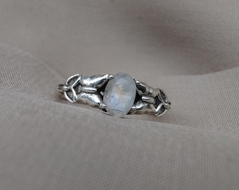 Rainbow Moonstone Goddess Ring: 925 Sterling Silver, Boho Spiritual Jewelry