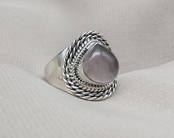 Rose Quartz 925 Sterling Silver Ring: Handmade Boho Cabochon Jewelry