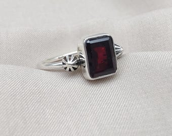 Emerald Cut Red Garnet Ring: Vintage Boho 925 Sterling Silver Jewelry