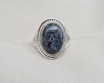 Pietersite Sterling Silver Ring: Oval Cabochon, Boho Vintage Jewelry