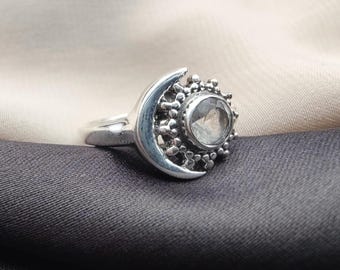 Crystal Quartz Sterling Silver Ring: Boho Crescent Moon Jewelry