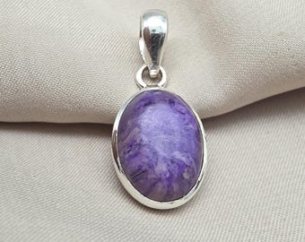 925 Sterling Silver Charoite Pendant: Purple Gemstone Necklace Handmade Jewelry