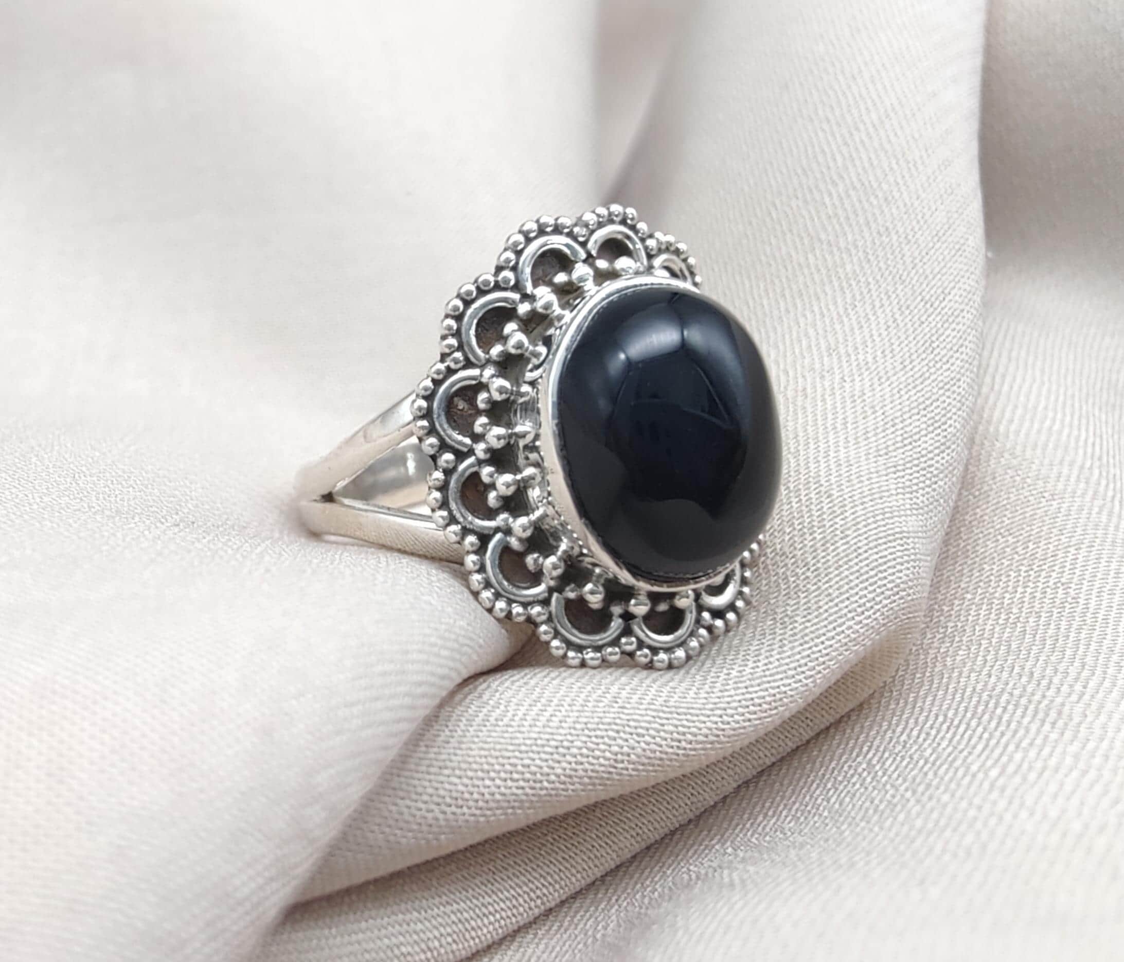 Black Onyx 925 Sterling Silver Ring: Vintage Boho Protection