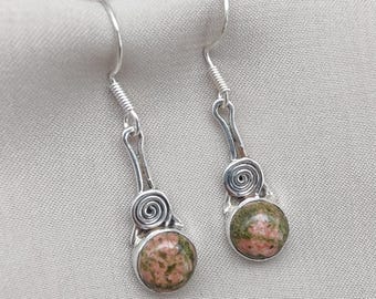 Unakite Dangle Earrings: 925 Sterling Silver, Boho Healing Stone