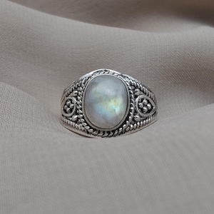 Rainbow Moonstone Ring: Oxidized Sterling Silver, Boho Floral Design