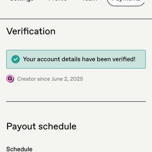 May include: Screenshot of a mobile app interface with a light background. The app displays settings, profile, team, and payments options. Verification status is confirmed. The payout schedule is set to weekly.