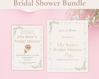Love in Bloom Bridal Shower Invitation & Welcome Sign, Editable Canva Template, Garden Bridal Invite,  Spring Floral Bridal Bundle