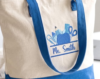 Custom Embroidered Teacher Tote Bag – Zippered School Supplies Organizer