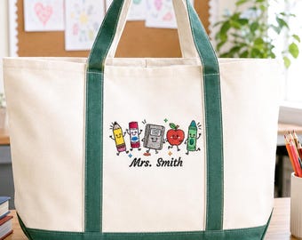 Personalized Teacher Tote Bag With Name - Embroidered School Supplies Icons Canvas Bag - Daycare Teacher Gift, Back To School Gift