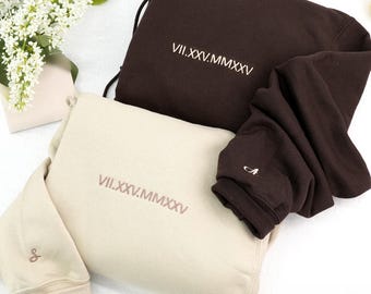 Custom Embroidered Roman Numeral Sweatshirt With Initial Heart - Matching Couple Valentine Sweatshirt - Valentines Day Gifts, Couples Gifts