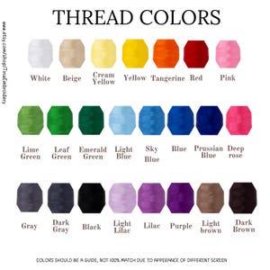 Puede incluir: Una carta de colores que muestra los colores de los hilos, incluyendo blanco, beige, amarillo, naranja, rojo, rosa, verde, azul, morado y marr&oacute;n. Cada color est&aacute; etiquetado con su nombre. El texto en la parte superior dice "THREAD COLORS".