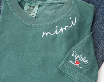 First Time Grandma Gift For Mother's Day, Custom Embroidered Mimi Shirts with Names, Pregnancy Reveal to Grandparents, Comfort Colors®
