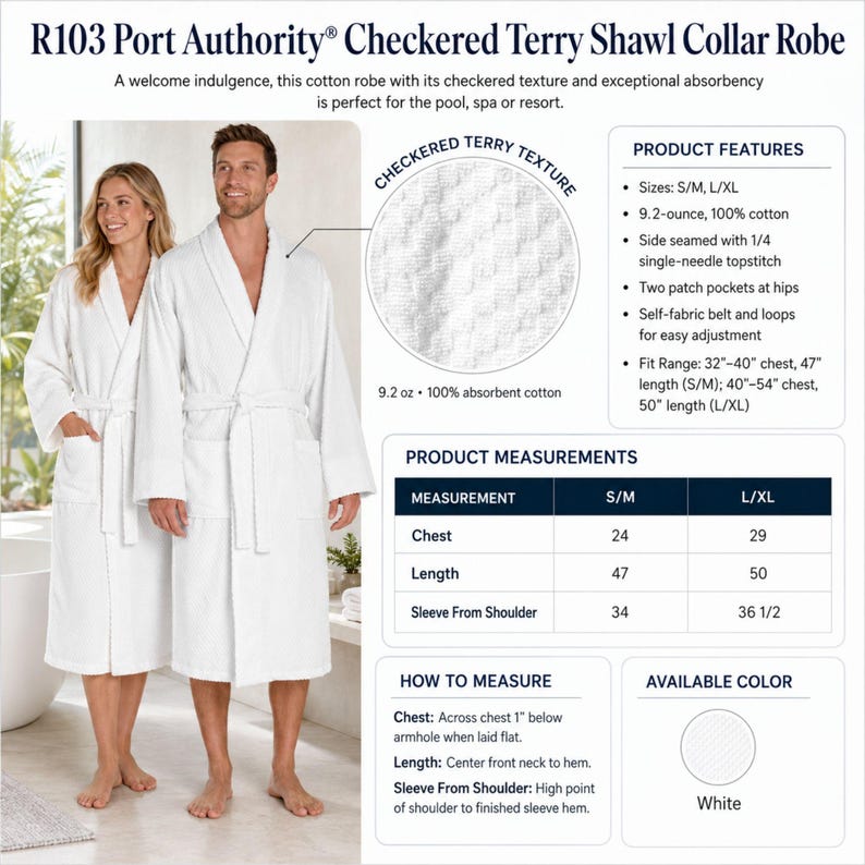May include: A white Port Authority R103 Checkered Terry Shawl Collar Robe made of 9.2-ounce 100% cotton. The robe features a shawl collar, two hip patch pockets, and a self-fabric belt with loops. A circular inset shows the checkered terry texture.