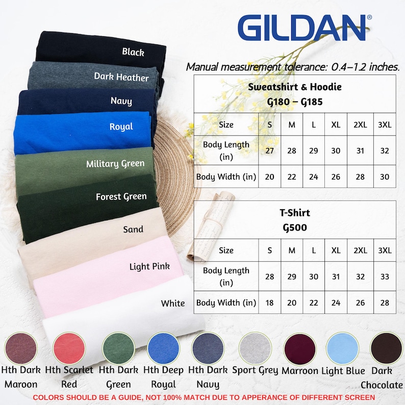 May include: A display of Gildan t-shirts and sweatshirts in various colors, including black, navy, and royal blue. The image includes a size chart with measurements in inches for body length and width. The text also includes the brand name and product codes.