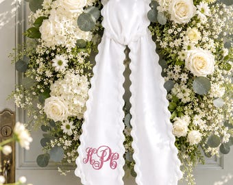 Custom Monogram Wedding Wreath Sash - White Wreath Sash Embroidered Initial - Wreath Sash For Newlyweds - Home Decor - Wedding Gift