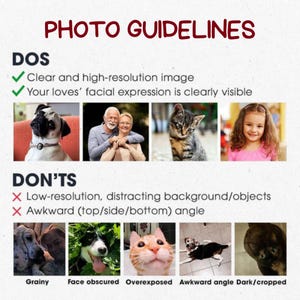 May include: A graphic with the text "PHOTO GUIDELINES" in red. The image shows examples of "DOS" including a pug, a couple, a kitten, and a girl. It also shows examples of "DON'TS" including grainy, obscured, overexposed, and dark images.