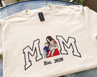 Custom Embroidered Mom Shirt With Picture - Mama Portrait Shirt From Photo - Mom Of 2 Gift, Christmas Gift for Mom