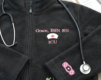 Personalized Embroidered ICU Nurse Jacket With Name - BSN RN Fleece Jacket - Nursing Student Graduation - Hospital Staff Gifts