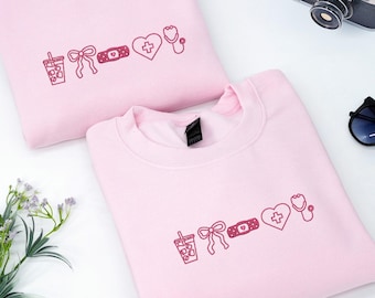Embroidered Nurse Sweatshirt - Coquette Bow, Personalized CNA Crewneck - Nursing Student Sweatshirt For Her