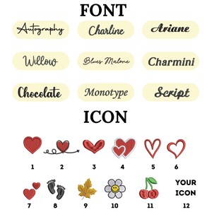 Puede incluir: Imagen que muestra estilos de fuente y opciones de iconos. Las opciones de fuente incluyen Autography, Charline, Ariane, Willow, Blues Malone, Charmini, Chocolate, Monotype y Script. Los iconos presentan corazones, huellas, una hoja, una flor y cerezas.
