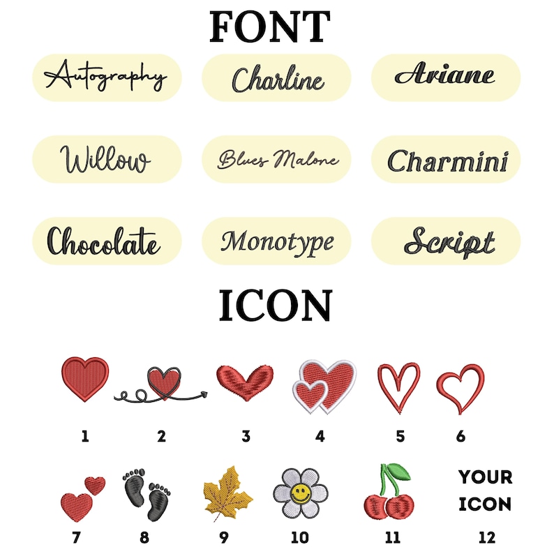 Puede incluir: Imagen que muestra estilos de fuente y opciones de iconos. Las opciones de fuente incluyen Autography, Charline, Ariane, Willow, Blues Malone, Charmini, Chocolate, Monotype y Script. Los iconos presentan corazones, huellas, una hoja, una flor y cerezas.